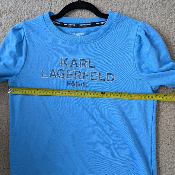 Karl Lagerfeld Rhinestone Logo Puff Shoulder 3/4 sleeve sweater Sz S - Picture 12 of 15